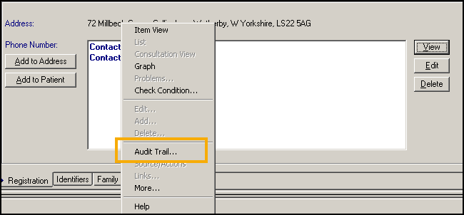 CM- Pat Dets - Address - Right click - Audit Trail highlight