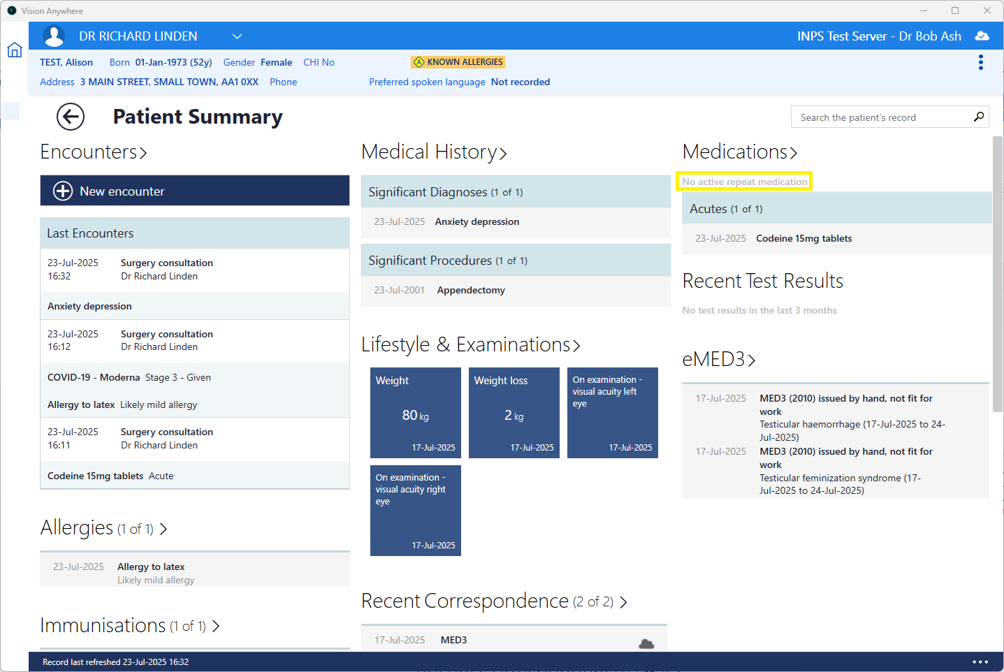 Screenshot of Vision Anywhere Patient Summary